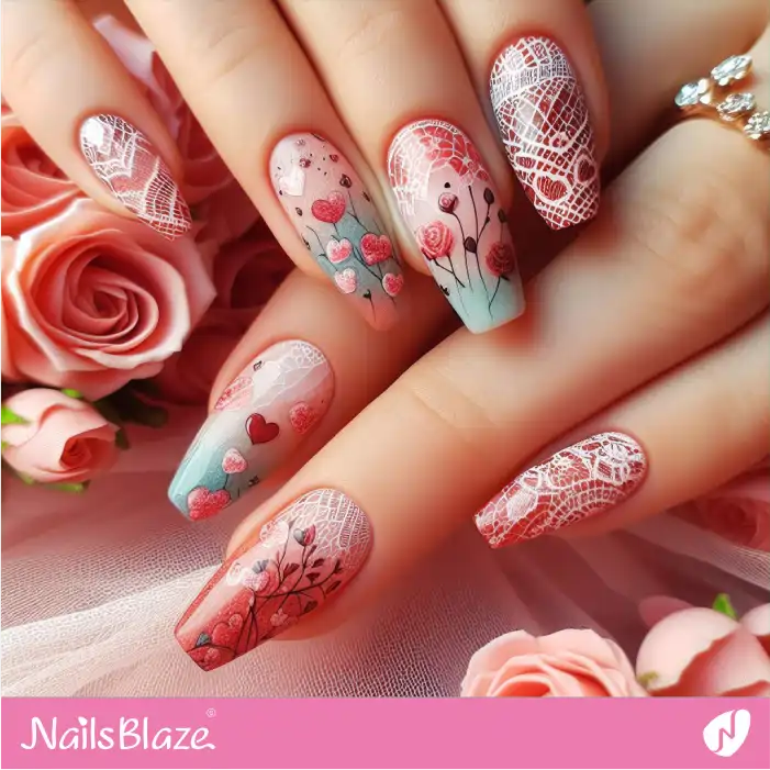 Valentine Lace Effect Watercolor Heart Nails | Valentine Nails - NB2304
